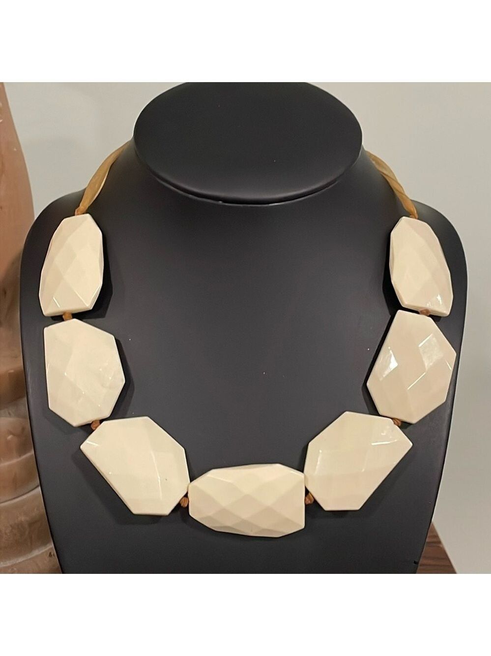 Vintage Winter white geometric faceted statement beaded necklace